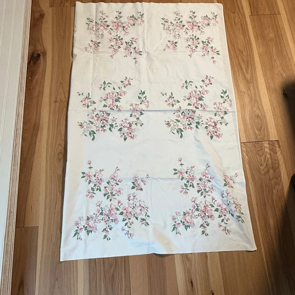 Vintage Wilendur Floral Tablecloth Cherry Blossom White Pink Green Cottagecore